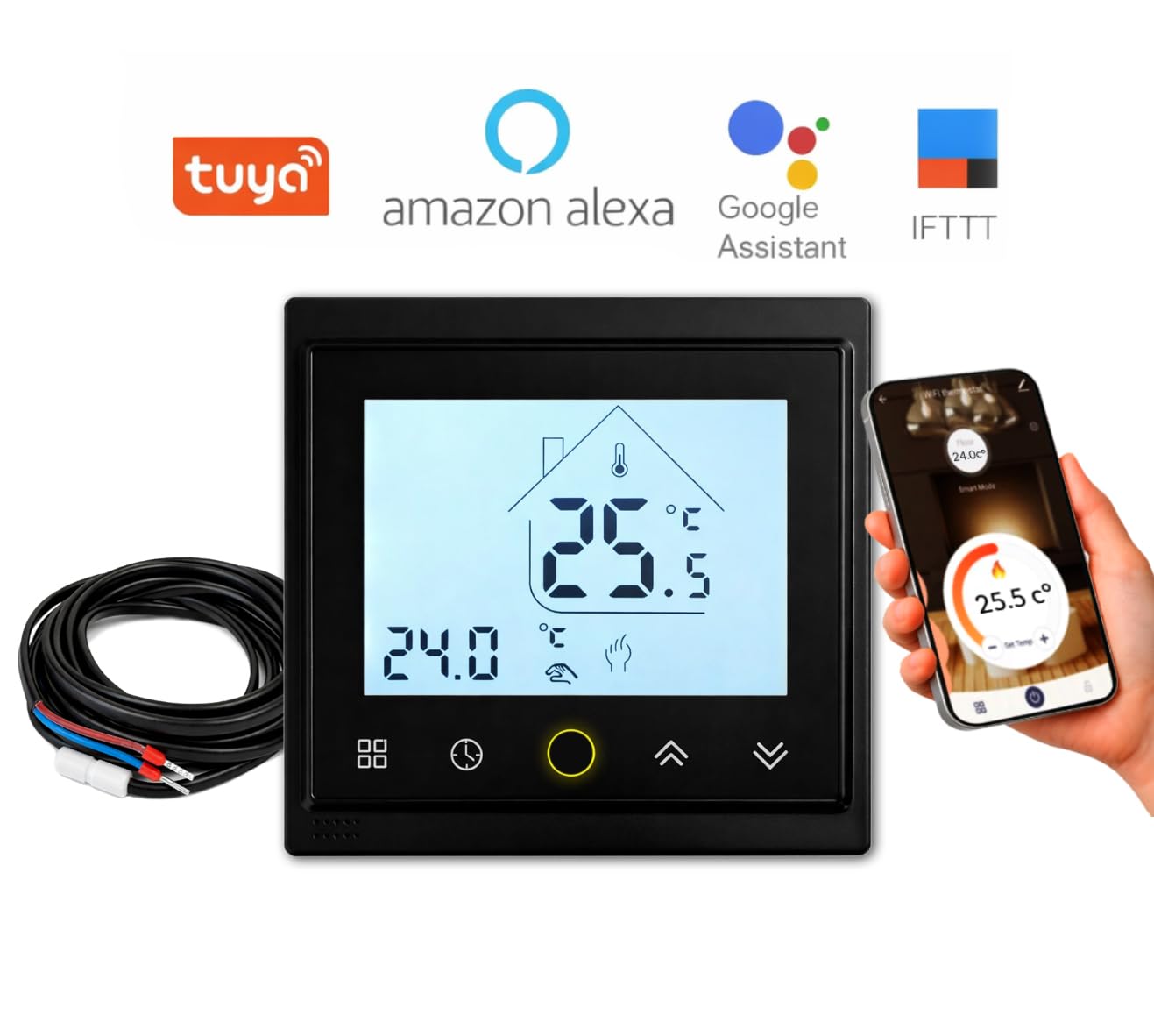 AC603H WLAN Smart Thermostat CALORIQUE - für elektrische Fußbodenheizung, programmierbar, 16A, App-Steuerung, kompatibel mit Alexa & Google Assistant, Tuya