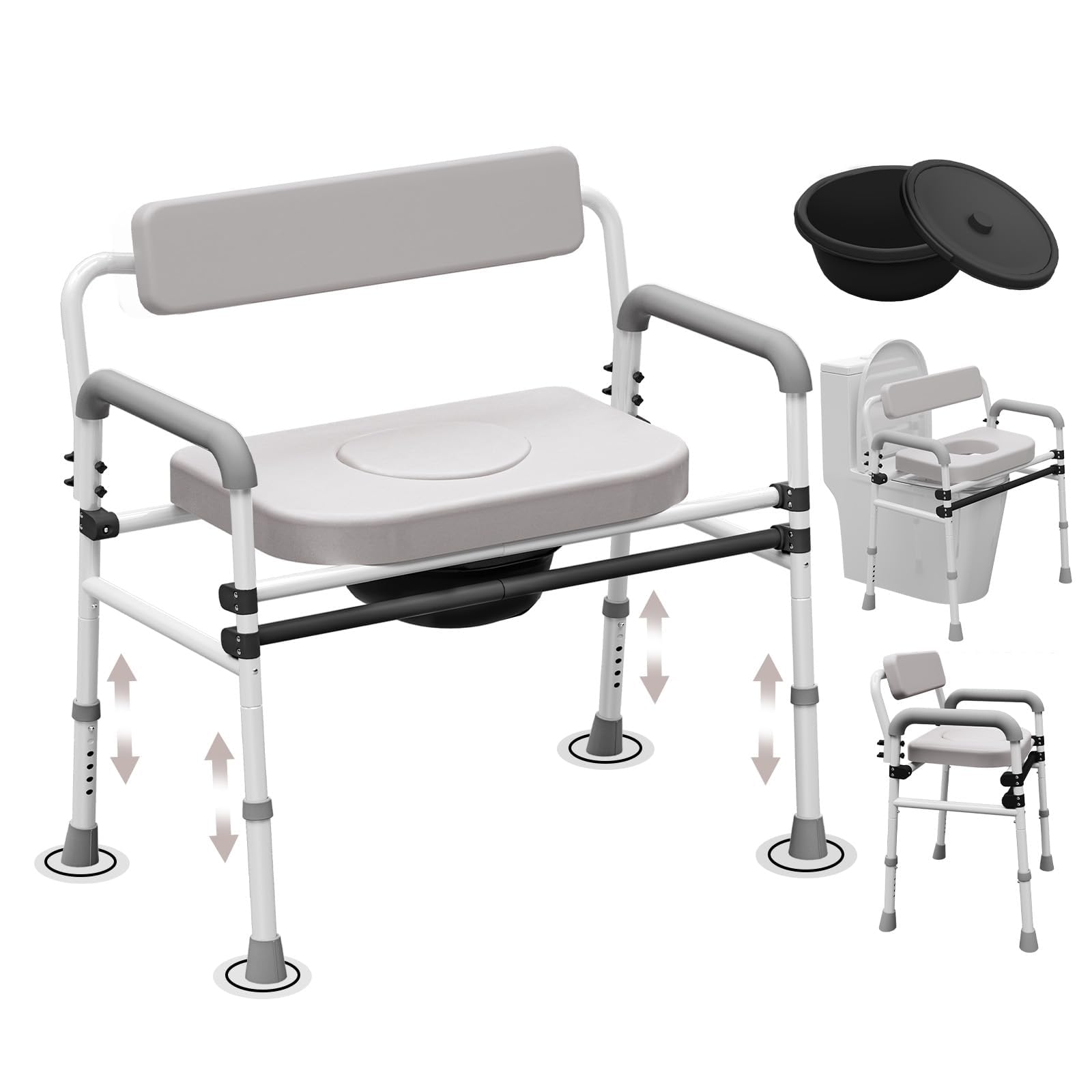Adjustable Medical Bedside Commode Chair with Padded Backrest, Drop Arm Support, Height Adjustable?Gray