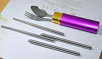 Stainless Steel Portable Chopstick Set with Spoon, Chopstick and Fork, Set Of 4 Pieces (Fork, Spoon, Chopsticks and Carrying Case), Gold