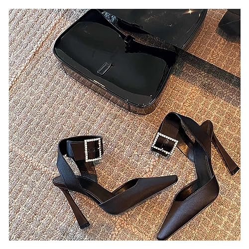 Black Single Shoes, Thin Heels, High Heels, Square Toe Women's Shoes, Rhinestone Hollow Thick Heels, Sizes 5-8(Black9cm,7)3