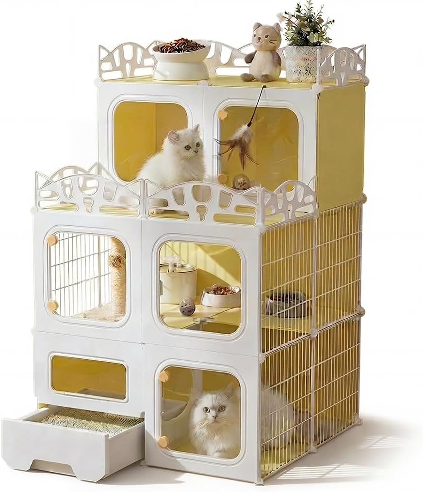 Cat Cage with Built-in Litter Box & Interactive Platform, Top Storage Shelf, Cat Cage Indoor & Outdoor Use, Expandable Cat Playpen