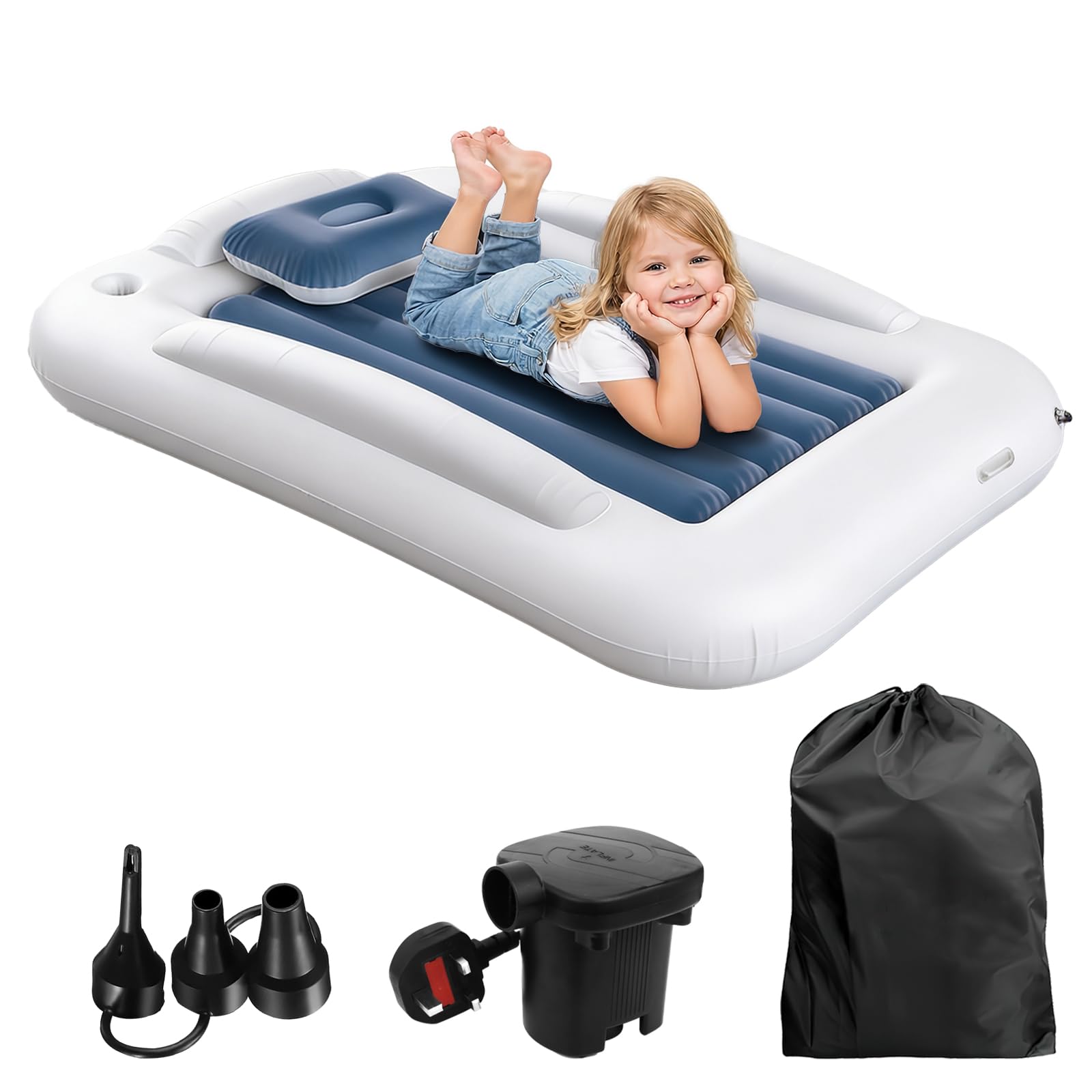 RWFMO Inflatable Toddler Travel Bed, Safety Toddler Blow Up Bed Portable Kids Air Mattress with Raised Sides Electric Pump Carry Bag for Home Camping Sleepovers (Blue)