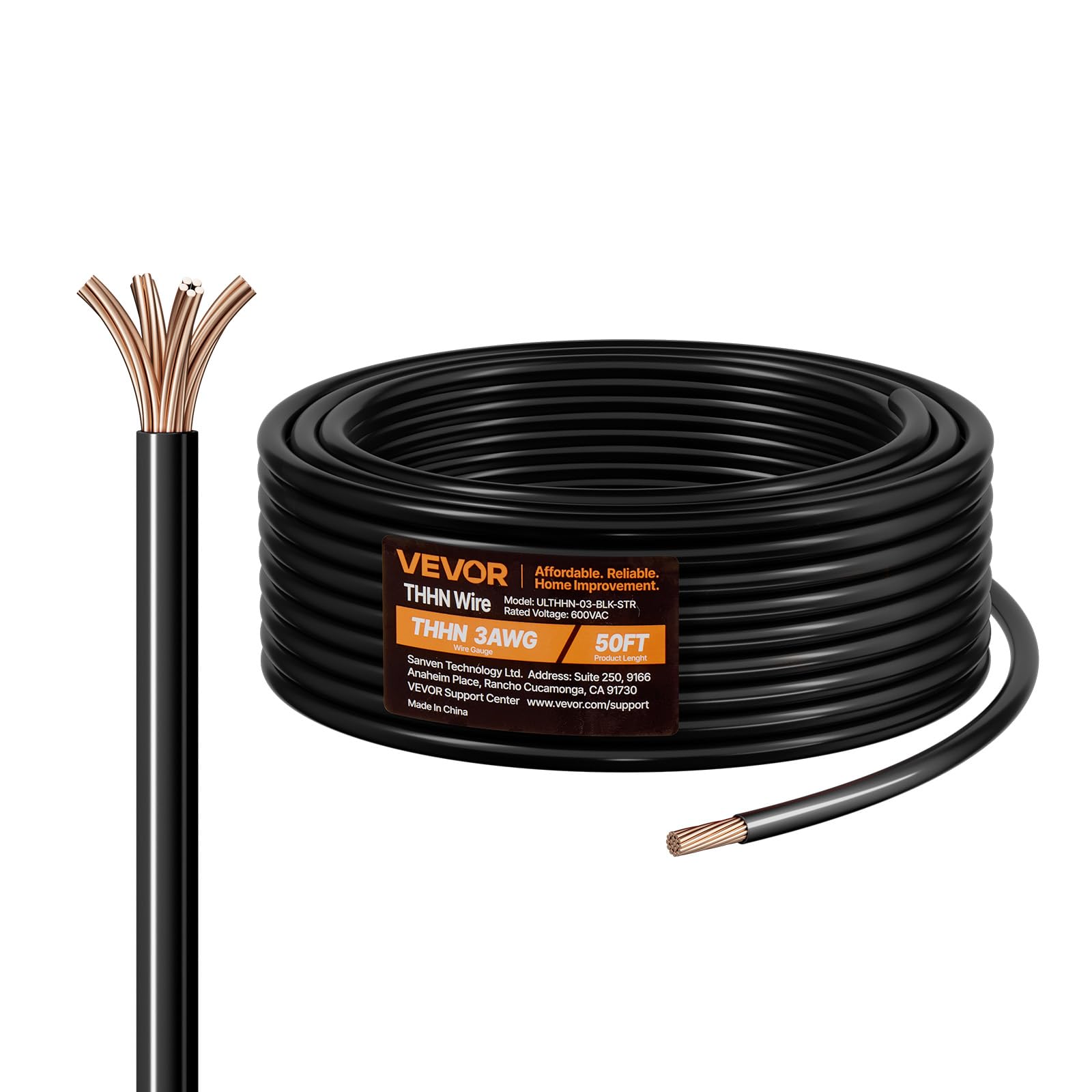 VEVOR 3 AWG THHN Wire, 19-Stranded, 100% OFC Copper Electrical Building Wire with Nylon Jacket, Rated for Up to 600 Volts, for Indoor & Outdoor Use,