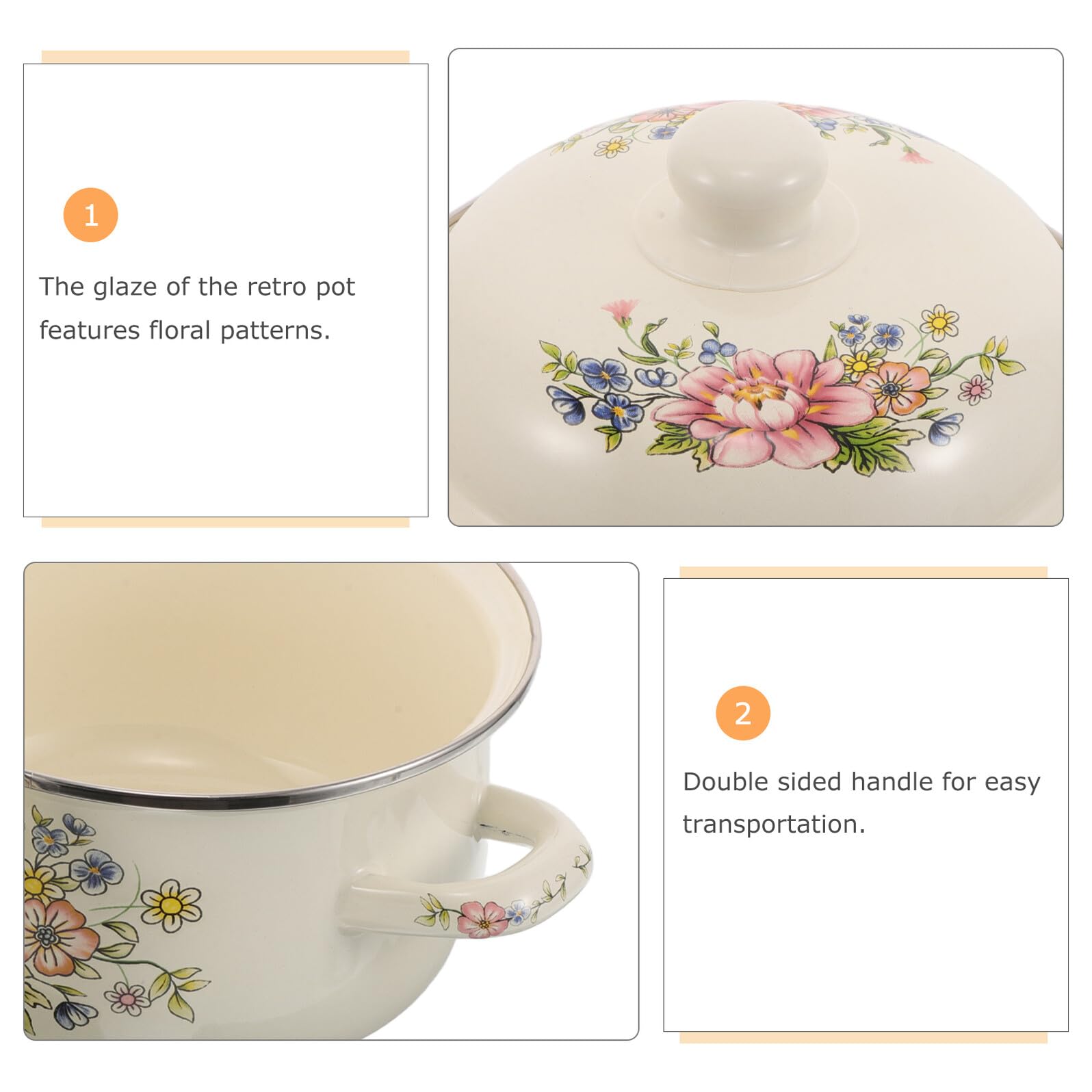 ULTECHNOVO Olla de Sopa Esmaltada Retro con Flor de Olla Pequeña para Caldo Apta para Cocina Eléctrica Gas con Tapa para Cocinar Fuego Lento