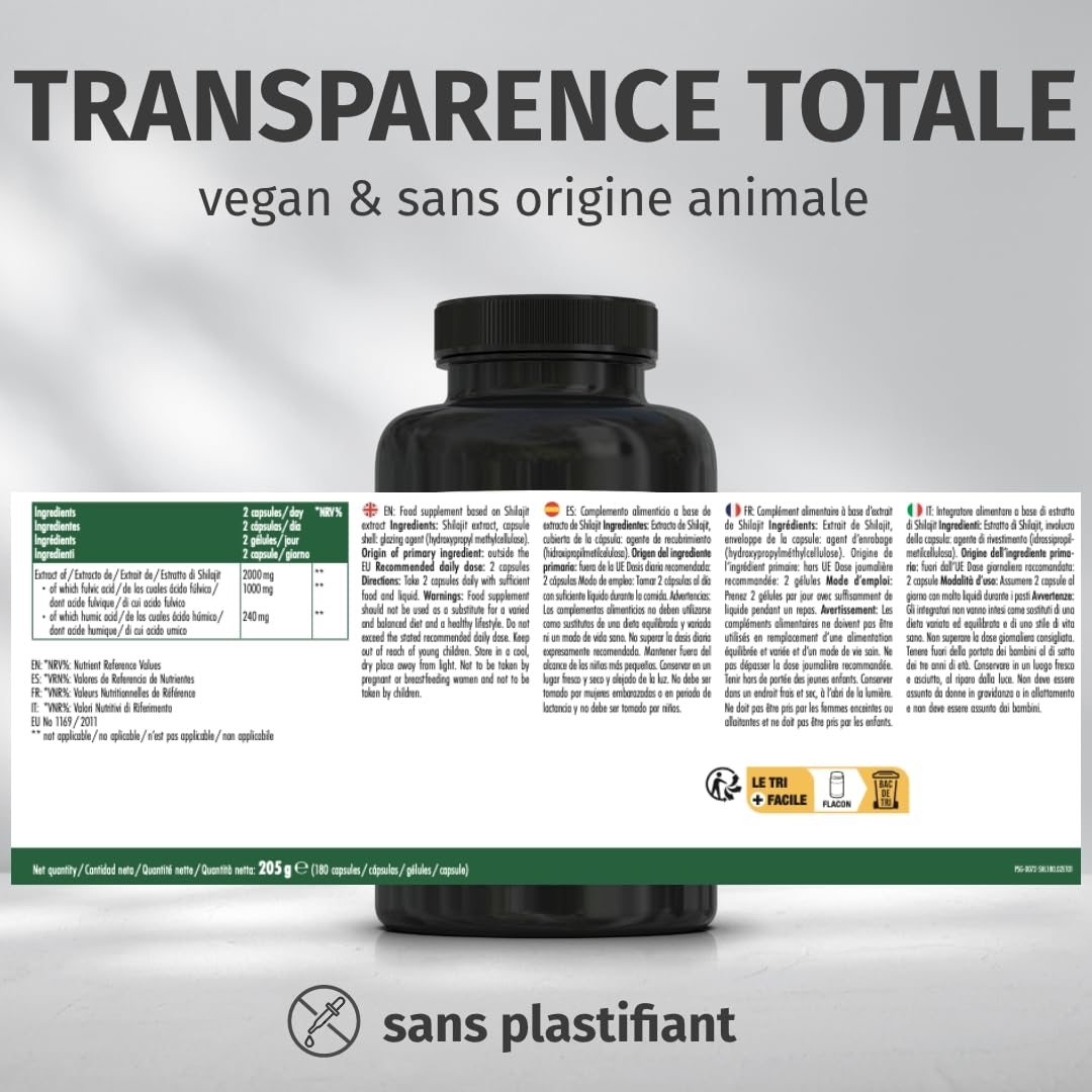 Green Naturals® Shilajit Himalaya Original – Extrait concentré 10:1 – 1300 mg par jour – 50% d’acide fulvique & 12% d’acide humique – 3 mois (180 gélules)