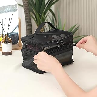 Double Layer Travel Makeup Bag with Handle – Large Capacity Cosmetic Organizer, Portable Toiletry Bag, Waterproof Beauty(Black)