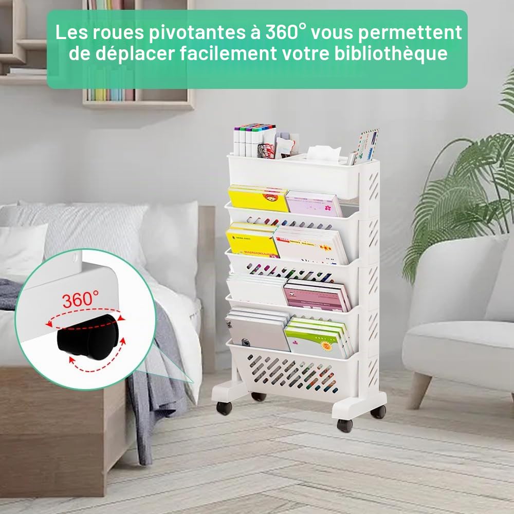 LANSKYLAN Chariot à roulettes Plastique, Chariot Bibliothèque Mobile, Desserte Roulante à 5 Niveaux, Étagère Rangement Roulette Blanche, Chariot à Livres Gain de Place, pour Chambre Bureau Cuisine