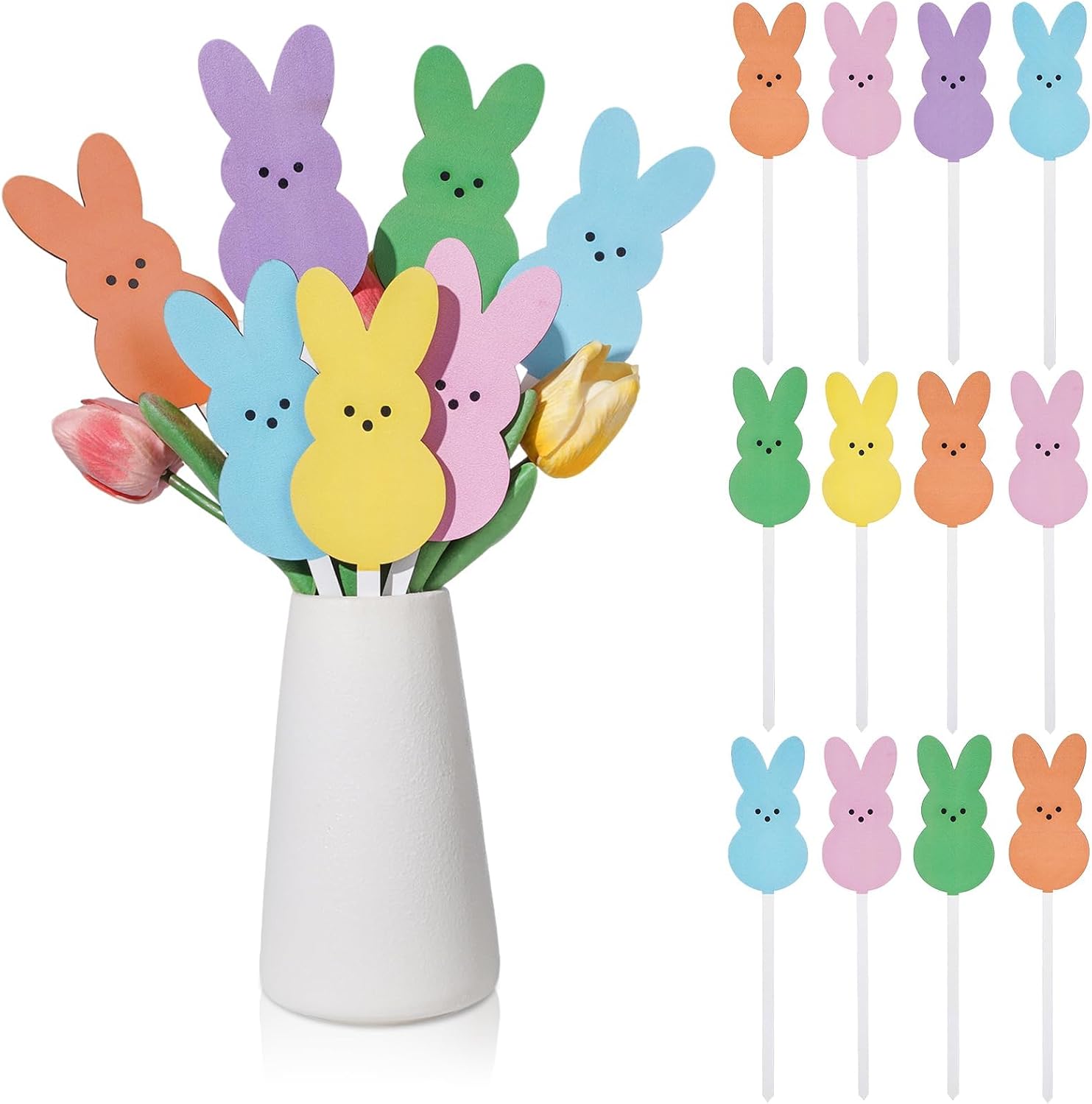 16 Pcs Easter Bunny Picks Easter Floral Plant Picks Bunny Double Sided Decorative Picks Colorful Rabbit Shape Wooden Floral Decor for Home Vase Filler Table Decor Spring Holiday Party Supplies Gifts