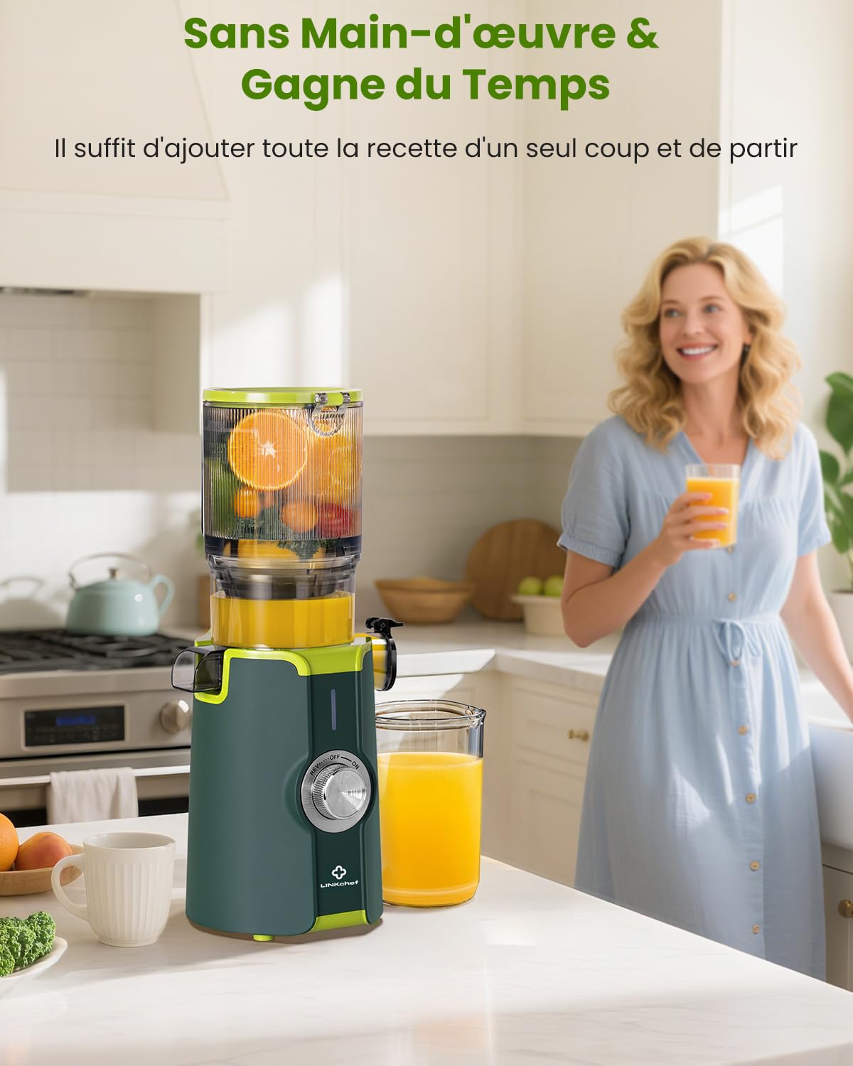 LINKChef Extracteur de Jus Vertical | Slow Juicer 200W | Goulot Large 115 mm pour Fruits & légume Entiers | Avec Livre de Recettes, Nettoyage Facile, Sans BPA, Vert