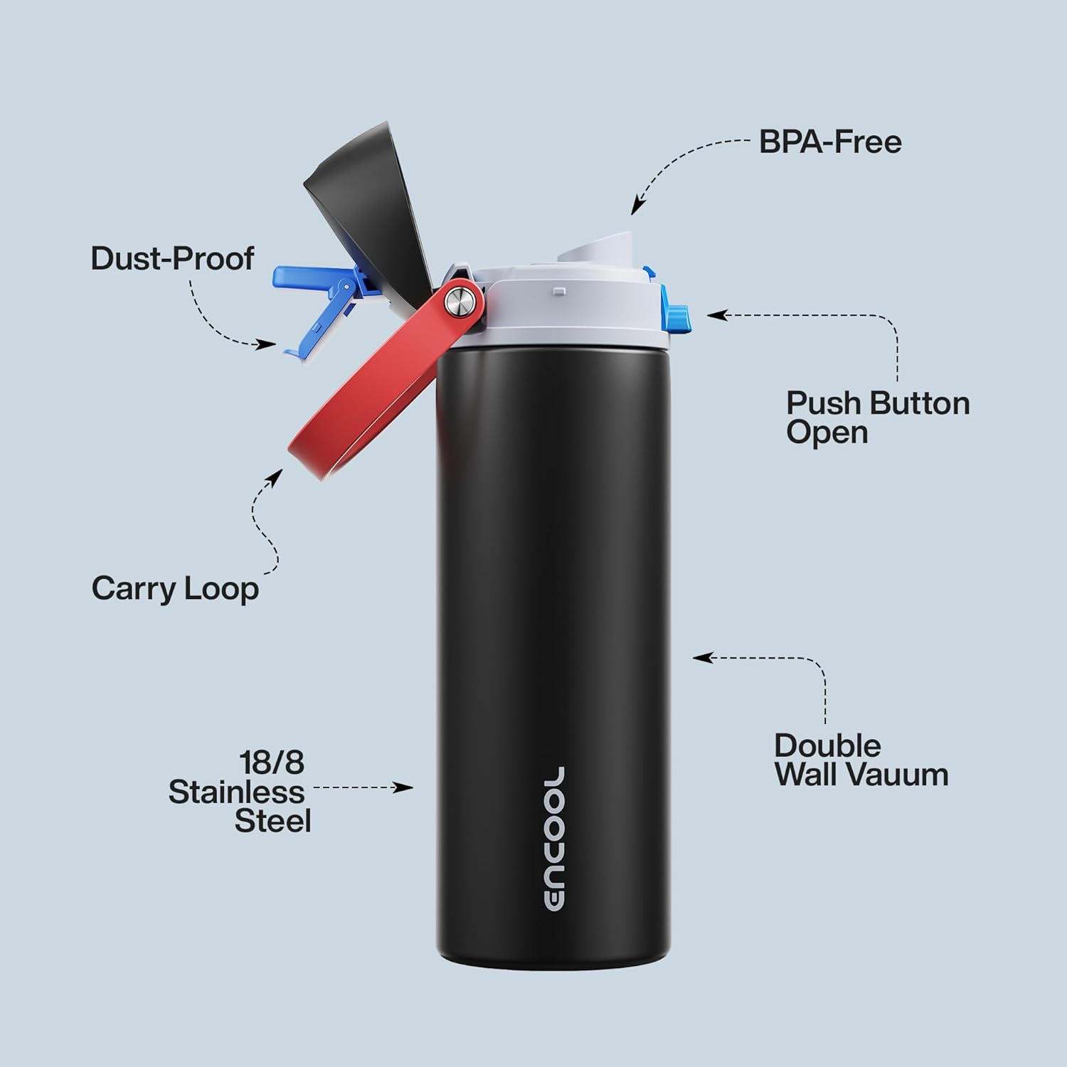 Insulated Water Bottle with Straw - Encool Stainless Steel Water Bottle with Push Button Lid, Leak-Proof & BPA-Free, Keeps Cold for 24 Hours for Sports, Travel, Gym (24 oz, Oil Black) - Image 4