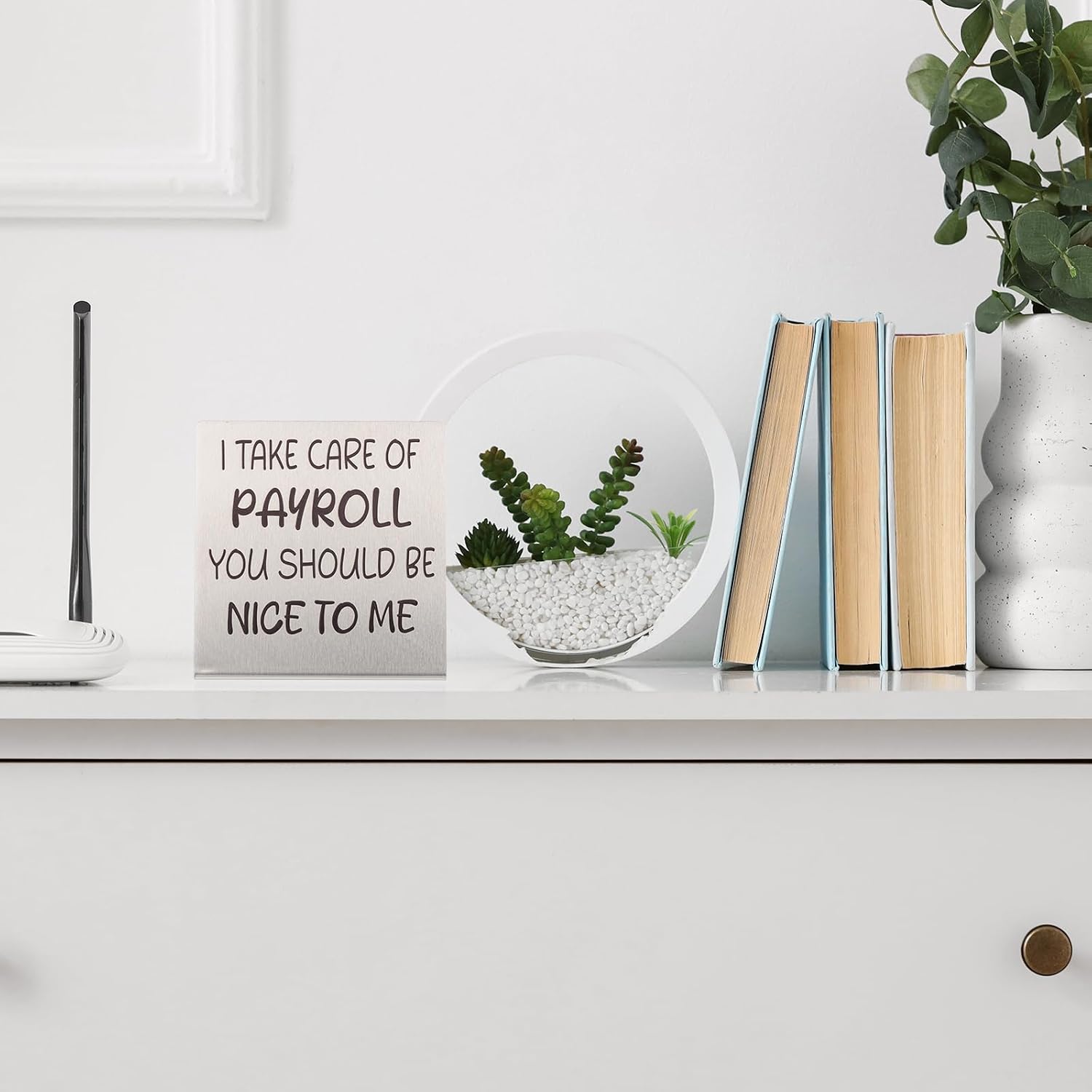 YOKIVE Funny Desk Sign, Funny Nameplate Cute Office Cubicle Decor Plaque for Women Employees Friends Gifts, Silver (I TAKE Care of Payroll)