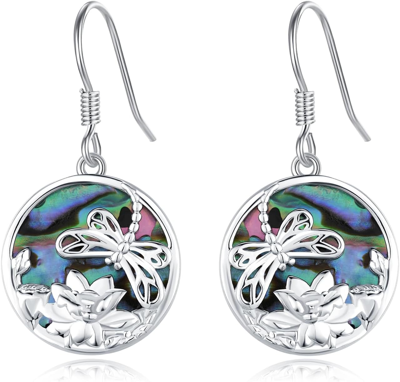 CUOKA MIRACLE Dragonfly Lotus Earring for Women 925 Sterling Silver Abalone Shell Dangling Earrings Dragonfly Earring Lotus Earrings for Women Mom on Birthday Mother's Day Anniversary Christmas