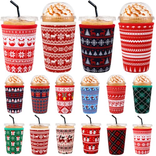 SiliFine 16 Pcs Coffee Cup Sleeves, 22-24oz, Christmas C, 15 Colors