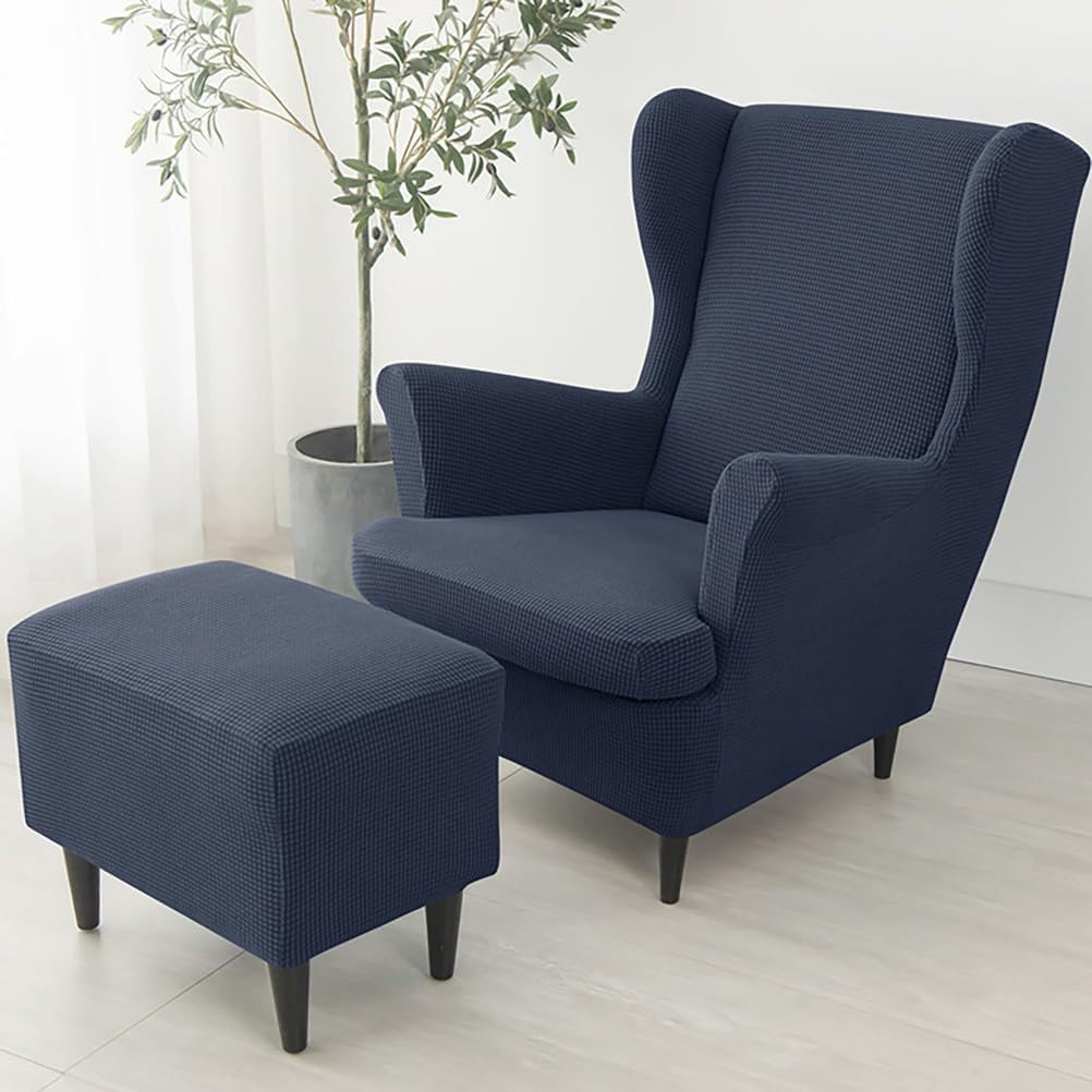 3 Piece Stretch Wingback Chair Cover + Footstool, Polyester Wingback Chair Cover, Sofa Protector with Elastic Bottom, for Living Room and Sofa(Navy)