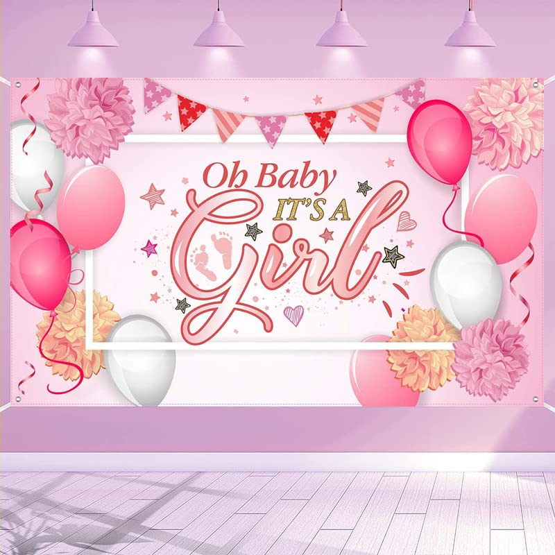 Oh Baby It's A Girl Baby Shower Backdrop - Photo Background for Girl's Shower Party Supplies