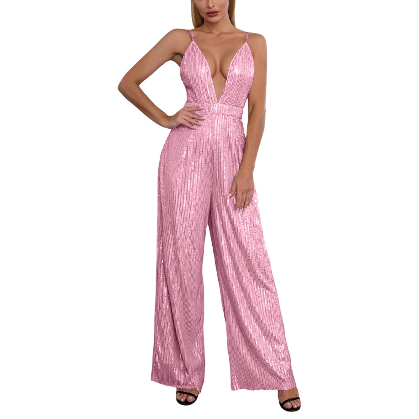Glitzer Jumpsuit Damen Ärmellos Clubwear Pailletten Elegant Hosenanzug Romper Sexy Hohe Taille Strampler Bodycon V-Ausschnitt Lang Playsuits Einteiler Party
