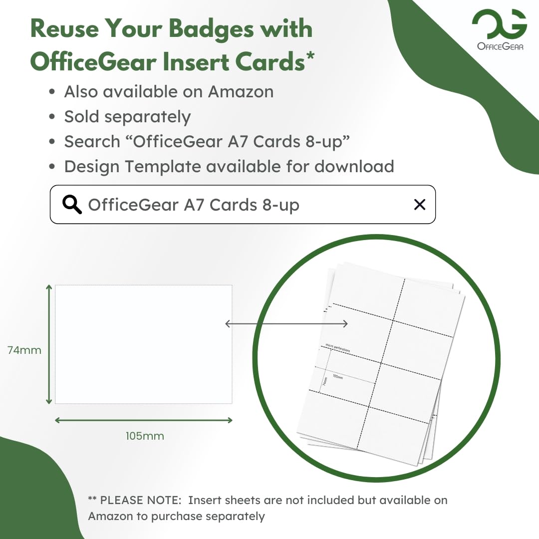 OfficeGear Porta badge per eventi [confezione da 100] da appendere orizzontalmente, formato A7 (10,2 x 7,6 cm, 150 x 74 mm), più 100 clip da bavero, parte superiore aperta per carte d'identità