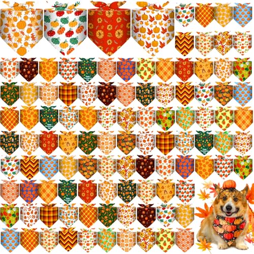 Sanwuta 120 Pcs Thanksgiving Fall Bandanas for Dogs Bulk Pumpkin Maple Leaf Triangle Dog Bandana Autumn Washable Pet Scarves Adjustable Bibs for Small and Medium Pets 30 Styles