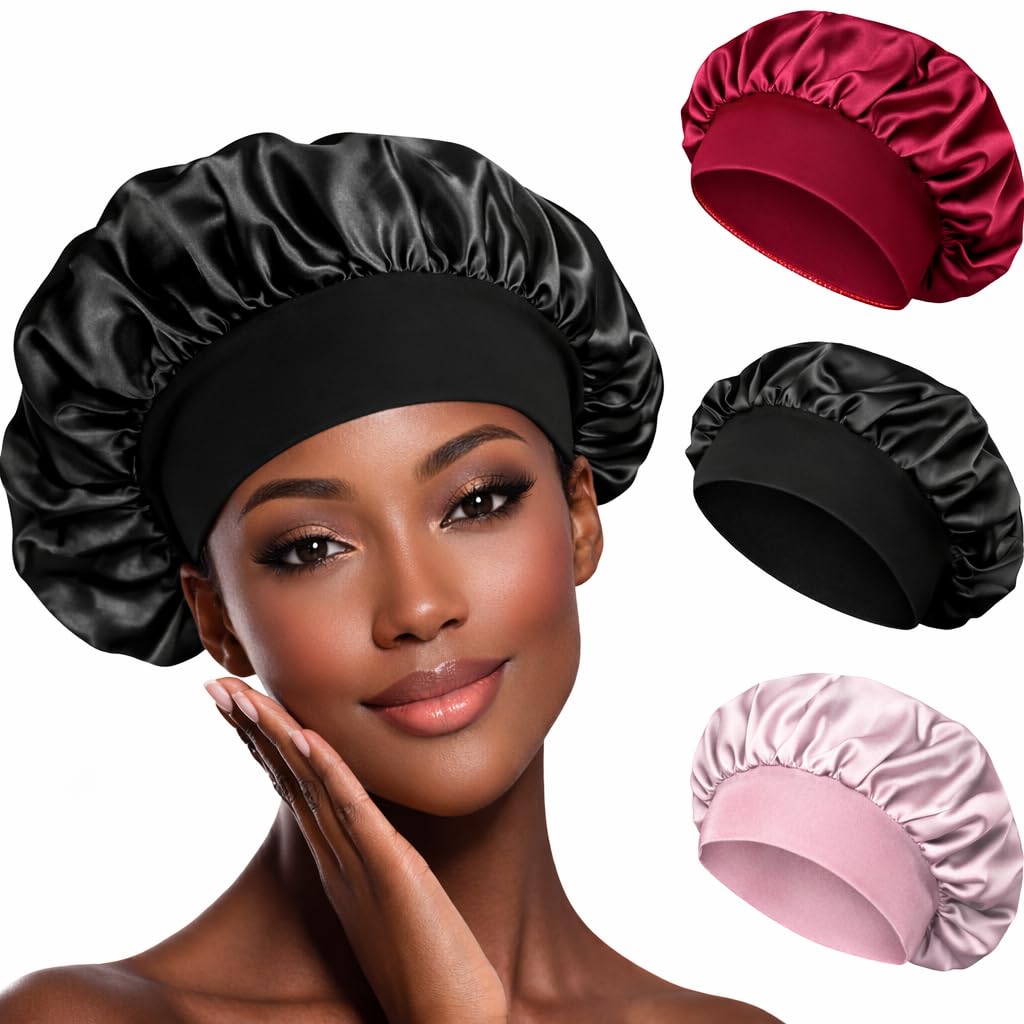 Pack of 3 Satin Bonnet, Silk Hair Wrap for Sleeping, Night Caps for Sleeping with Wide Elastic Band, Silk Bonnet is Suitable for Long and Curly Hair