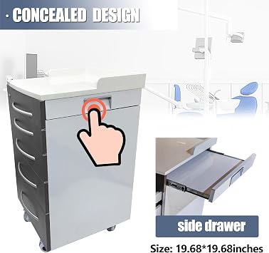 TECHTONGDA Mobile File Cabinet 5 Drawer Medical Dental Assistant's Mobile Cabinet Stainless Steel Utility Cart Brown Medical Storage Cart with Lock, 2 Divider Brackets and One Hidden Side Drawer