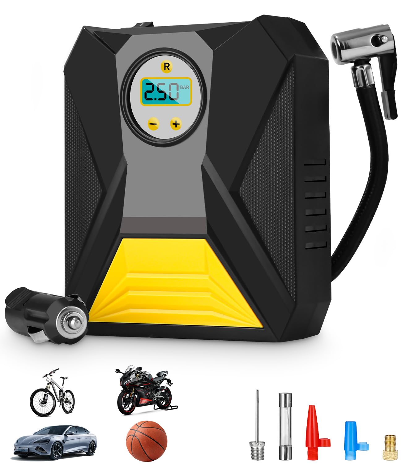 12V Inflador de Ruedas de Coche Compresor Aire Portátil Compresor Aire Coche, Hinchador Ruedas Compresor con Adaptadores de Boquilla y Luces LED Digitales, Autoapagado, para Neumáticos de Coche