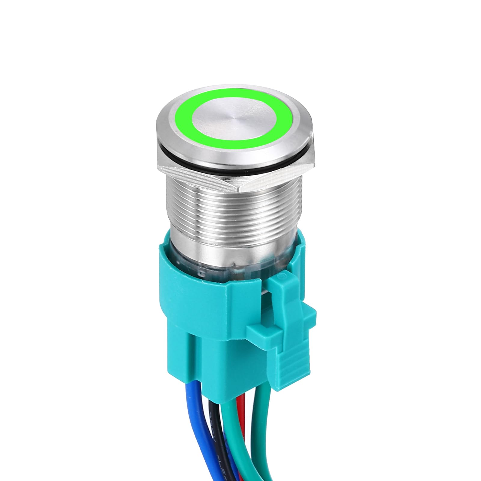 DMiotech 7/8 Inch Stainless Steel Latching Push Button Switch Flat Head 15A 12-24V Silver Shell 6 Pin with Cable Socket Green Ring LED 2NO for Car Boat Systems Custom Setups