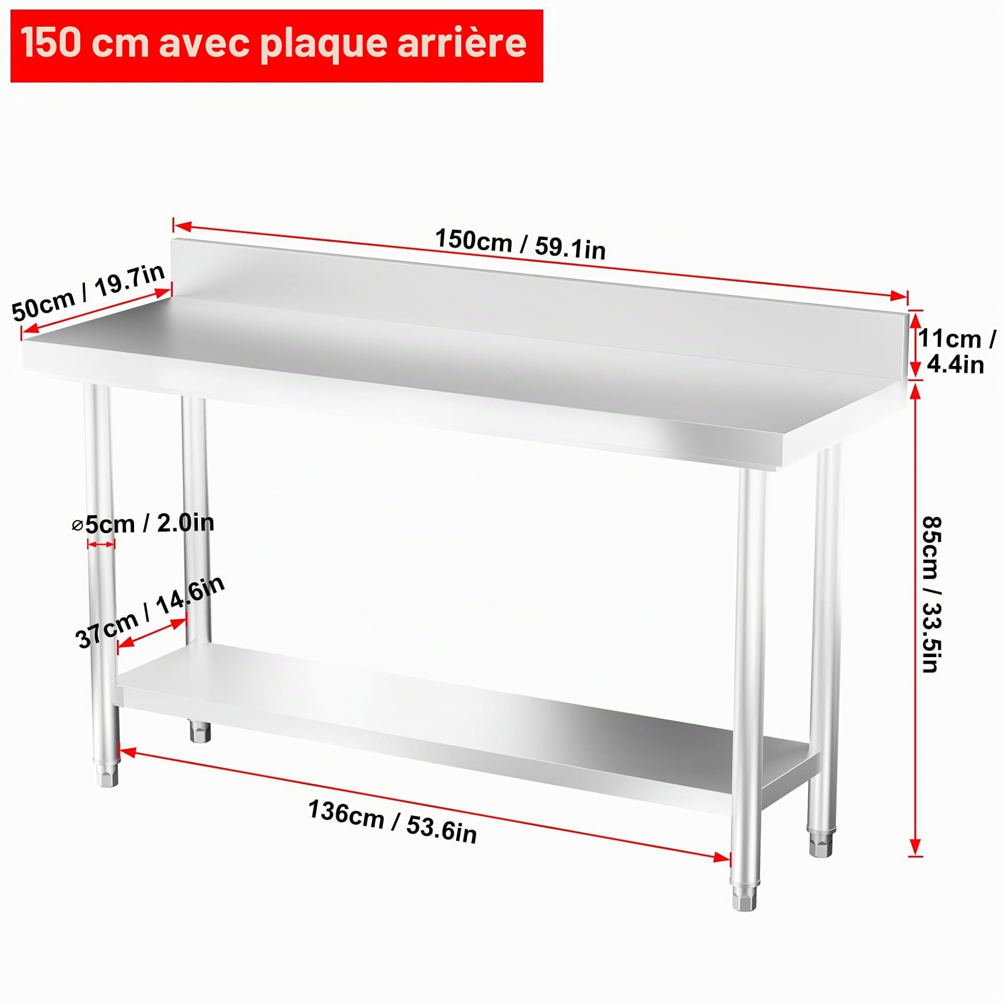 Table de travail en acier inoxydable avec pieds réglables - Table de préparation - Meuble de cuisine pour restaurant, bar - Argenté - 150 x 50 x 85 cm