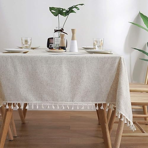 Miniatura 1 de Mantel lavable de lino de algodón a prueba de polvo, mantel con borlas para cocina, comedor, decoración del hogar, uso diario (rectángulooblongo, 55