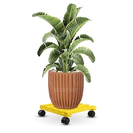 Sharpex Pack of 1 Wooden Trolley for Plants, Flower Pots | Heavy Duty Rolling Plant Stand with Locking Wheels | Squre Plant Roller Base for Indoor Patio Outdoor Potted Planter (Yellow)