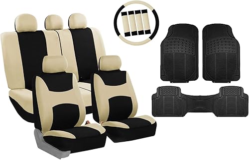 Fundas para asientos FH GROUP FH-FB030115 de tela liviana y aireada, con división para airbag, set combinado menta/negro: funda de volante, Beige