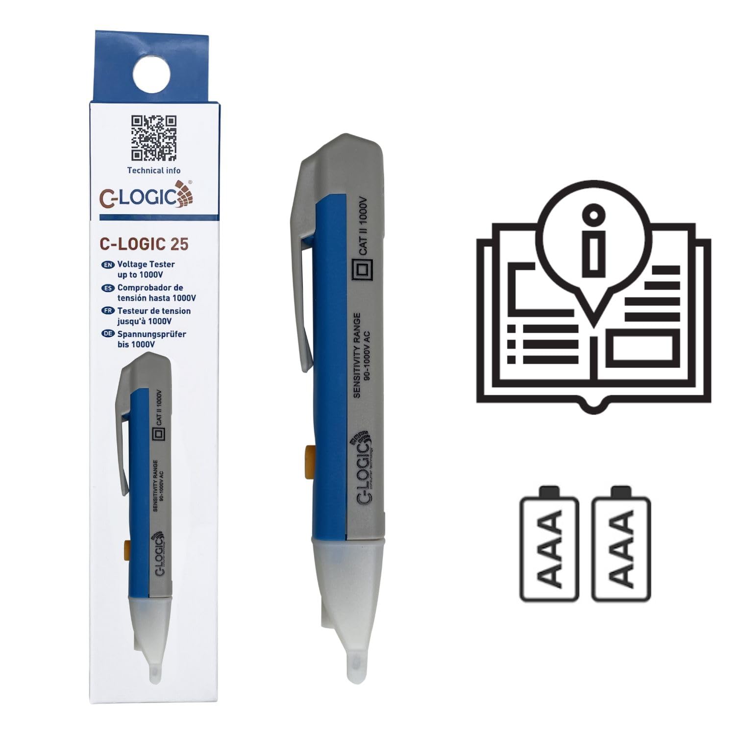 C-LOGIC 25 Detector de Voltaje Sin Contacto NCV Comprobador de Tensión con LED Rojo, Rango de 90V-1000V AC, Indicador Acústico y Visual, Detección de Roturas de Cables, CAT II 1000V