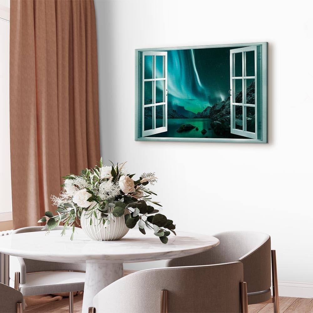 artgeist Acoustic Canvas Wall Art Print Window View 35x24 in - 1pcs Picture with Acoustic Foam Sound Print Artwork Room Acoustics Soundproofing Landscape Aurora Borealis Nothern lights c-C-10083-b-a