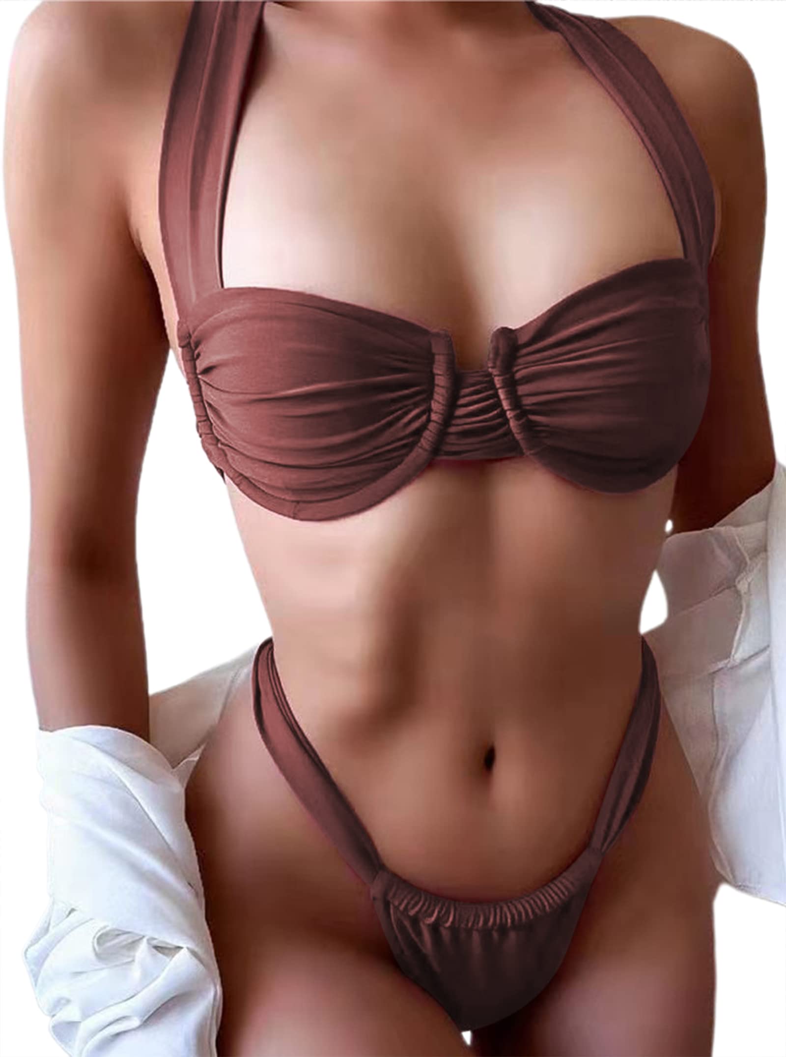 HilinkerWomen's Ruched Bikini Set Criss Cross Back High Cut Swimsuit 2 Piece Bathing Suit