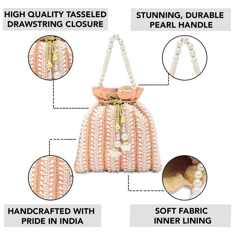 Aheli Peach Potli Bags Gift for Women Evening Bag Clutch Ethnic Bride Purse with Drawstring
