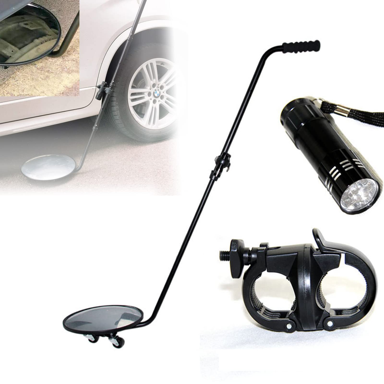 YNIYUJKL Under-Car Inspection Mirror, 2X Telescopic Shatterproof Convex Mirror With Led Light And Swivel Wheels, Round Safety Inspection Mirror For Inspecting Cars And Machin