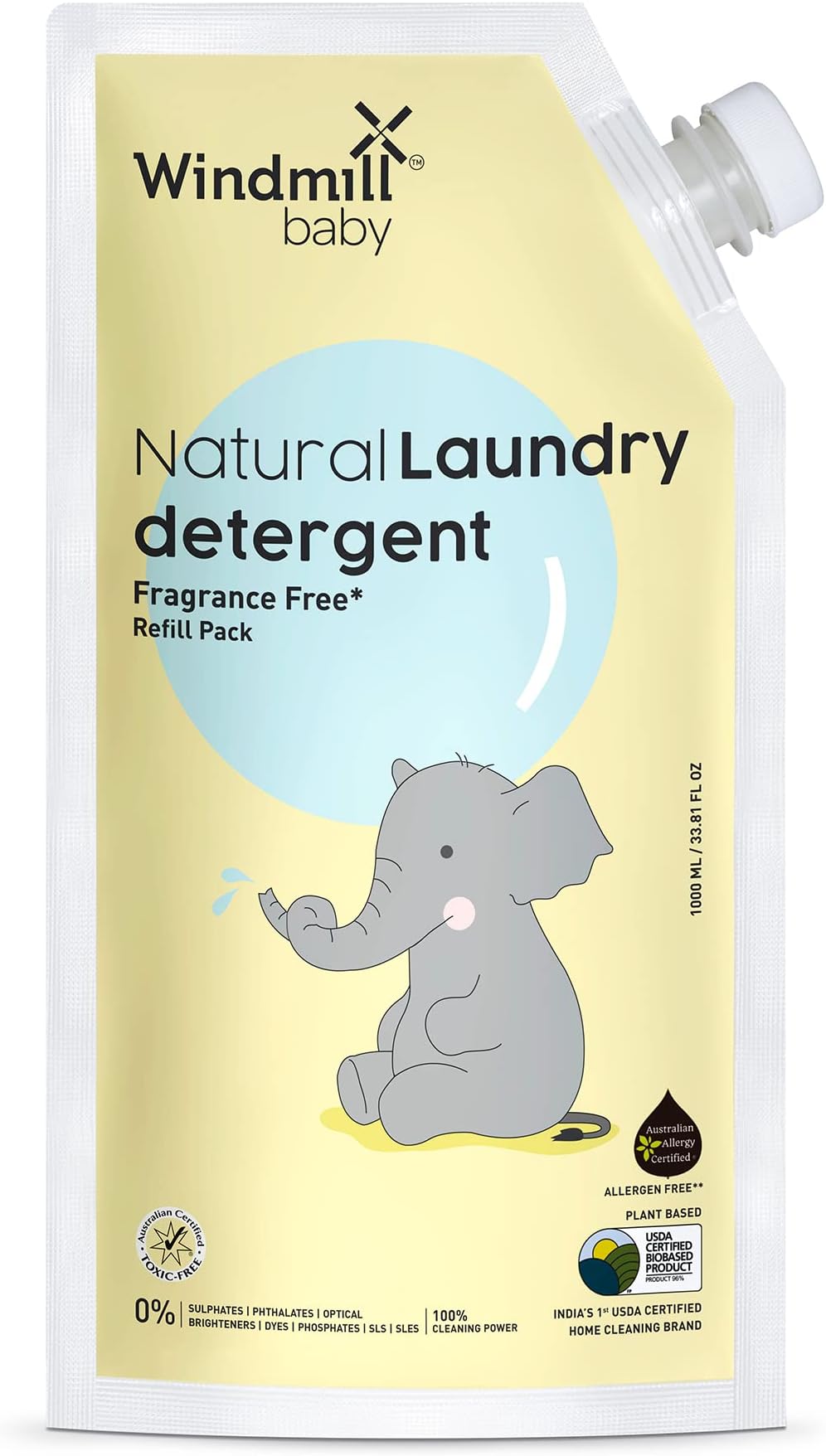 Natural Fragrance Free Laundry Detergent Liquid, USDA Certified, Allergen Free, Plant Based with Bio-Enzymes, Refill Pack - 1000 ml
