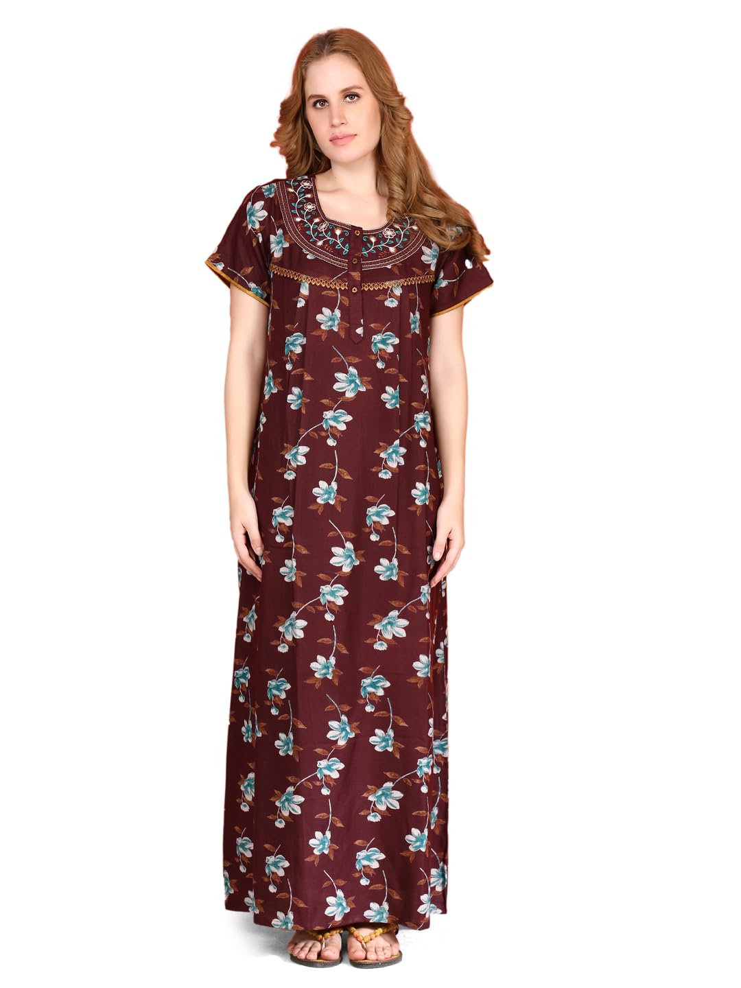 evolove Alpine Nighty Maxi for Women with Side Pocket | Round Neck Printed Short Sleeves Full Length Night Wear Gown-picture-5
