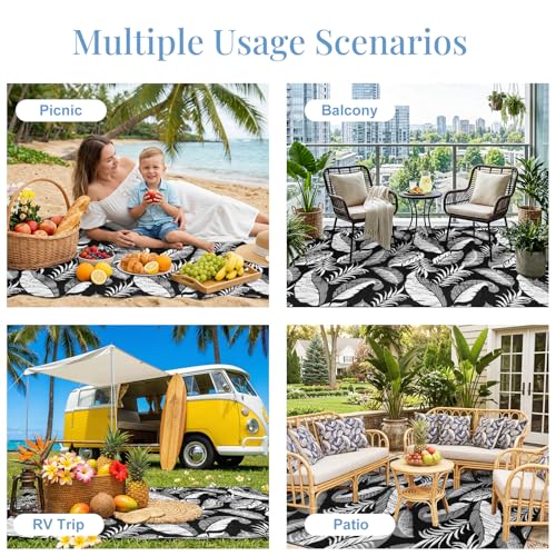 OPPODREAM Reversible Outdoor Rug 6x9, Waterproof Outdoor Plastic Straw Rug for Patio, Tropical Leaf RV Camping Rugs for Outside, Deck, Balcony, Porch, Backyard, Camping, Rv, Black and White by OPPODREAM - Used condition - Image 7