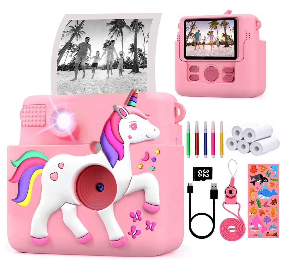 Cámara Infantil Instantánea – 2,4″ HD 1080P Con Impresión En Blanco Y Negro – Incluye Tarjeta SD 32GB, Rotuladores, Pegatinas Y 5 Rollos De Papel – Regalo Para Niños 3-14 Años
