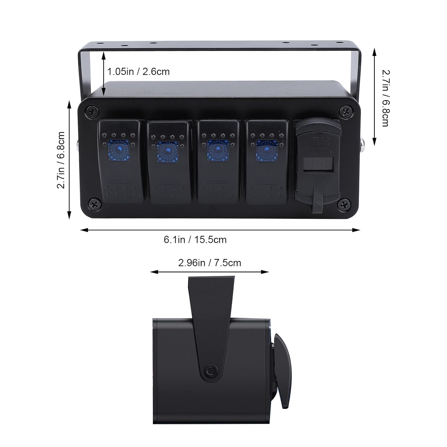 ANGGREK 4 Gang Rocker Switch Panel, 4 Gang Toggle Switch Box Aluminum Box 12V 24V with PD Type C QC 3.0 USB Charger LED Voltmeter for Cars Trucks Boats RVs ATVs UTVs (Blue Light)