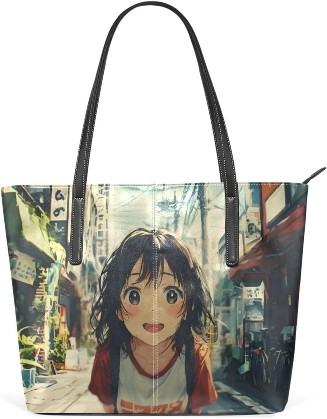 Anime Woman Streetscape PU Leather Tote Bag for Women – Fashion Design, Top Handle, Waterproof Handbag for Travel
