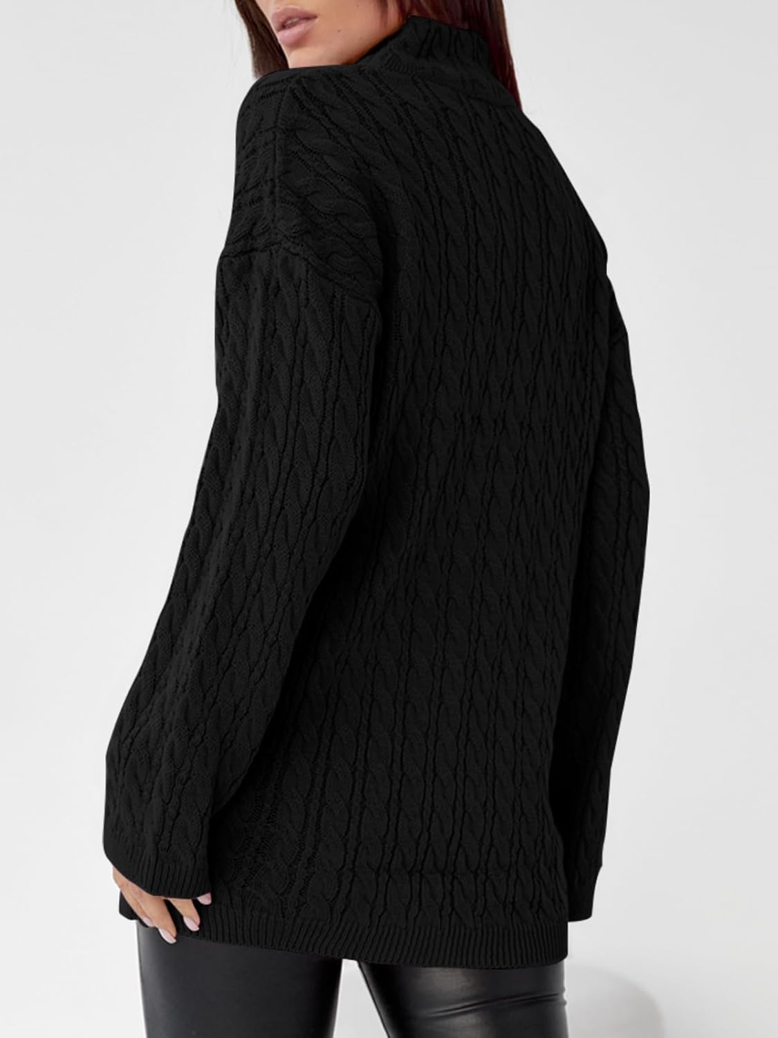 Imily Bela Womens Cable Knit Half Zip Sweater V Neck Collared Fall Trendy Oversized Long Sleeve Pullover Tops - Image 3