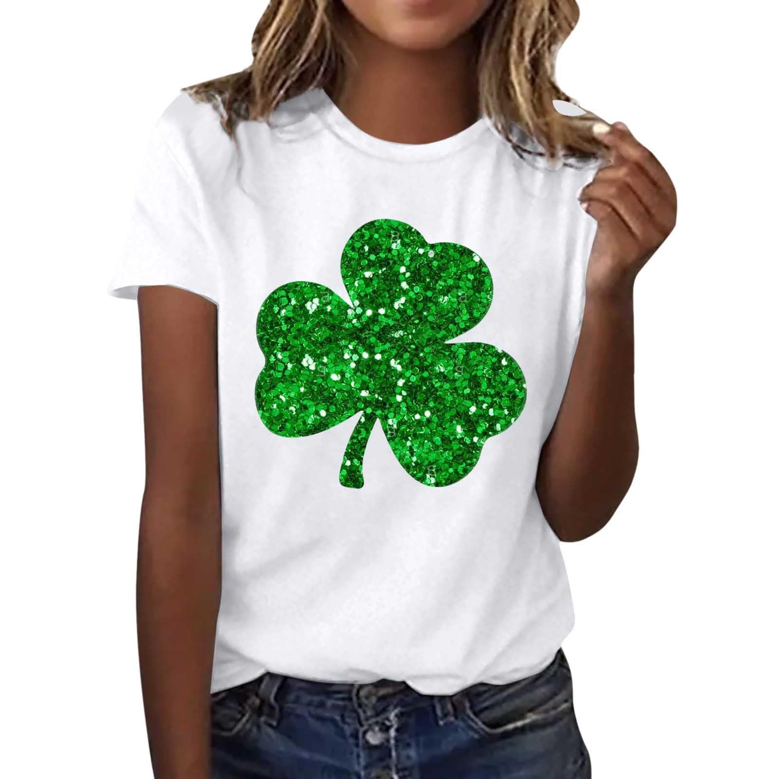 St Patricks Day T Shirt for Women Casual St. Patrick's Day Printed T-Shirt Round Neck Short Sleeve Tops Ireland Irish Clover Shamrock Printed Green Tee Shirts Summer Tops