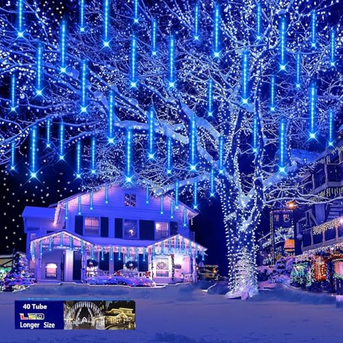 Purtuemy Blue Christmas Icicle Lights Outdoor: 40 Tube(Equivalent to 5 Sets of 8-Tubes) Meteor...