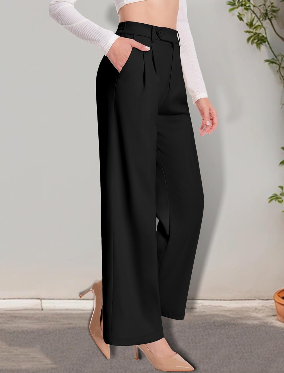 Women Wide Leg Dress Pants High Waisted Stretchy Work Pleated Office Trousers Business Casual Slacks Palazzo Pant - Image 5
