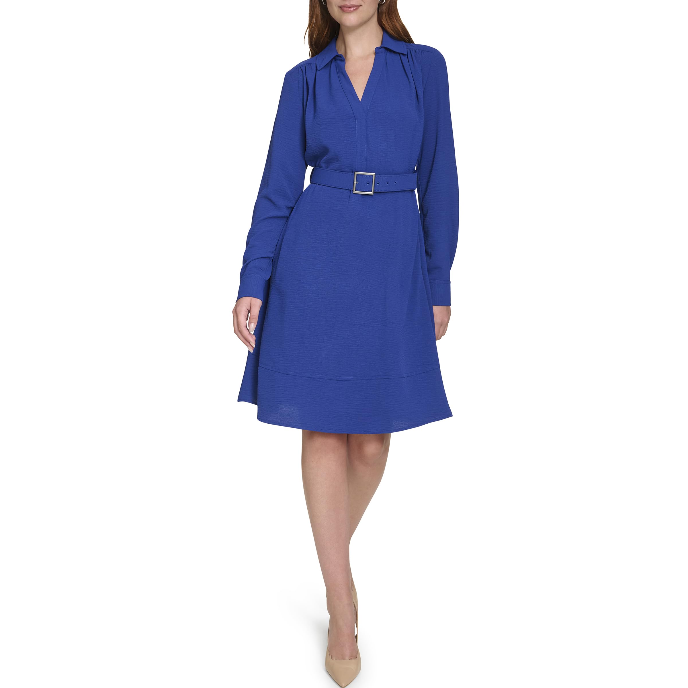 Calvin Klein Long Sleeve Belted Casual Collared Aline Dress Vestido para Mujer