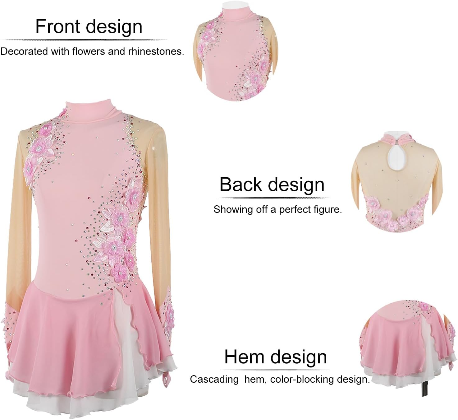 Figure Skating Dress for Woman,Girls'Shiny Rhinestones and Lace Flower Ice Skating Competition Performance Dress