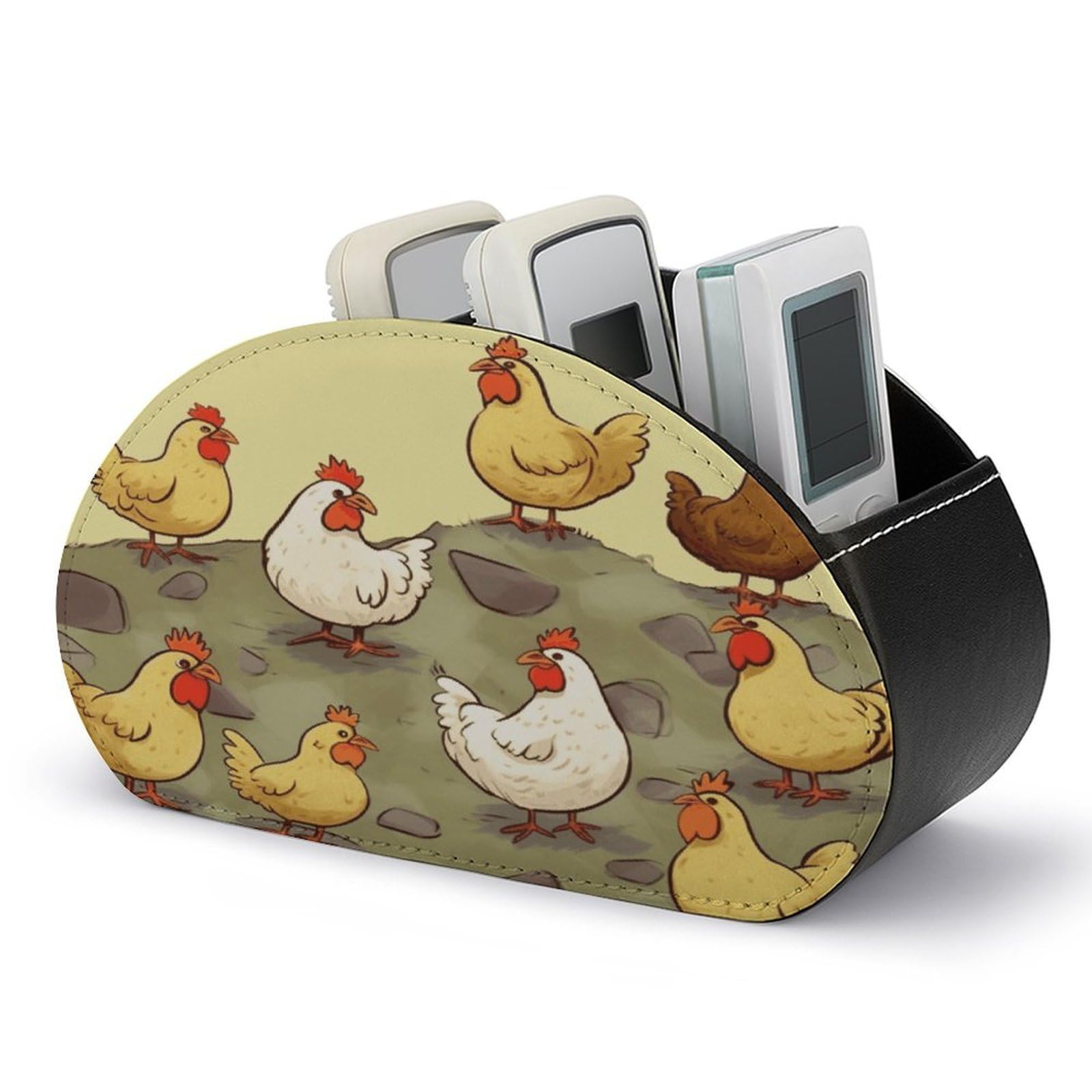 VstaDank A Brood of Chickens Remote Control Holder with 5 Compartments PU Leather Remote Caddy Desktop Organizer Store TV Remote Control Storage Box for Home Office Desk Nightstand