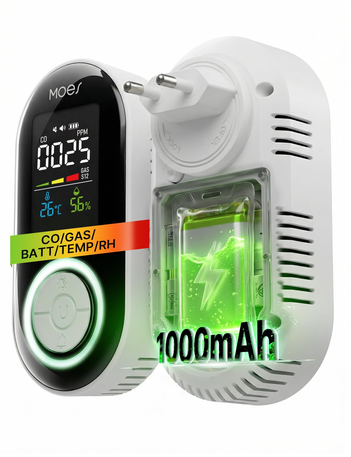MOES 4-in-1 Gasmelder und Kohlenmonoxid Melder für Steckdose mit 1000mAh Akku, CO & Gaswarngerät (Erdgas/Propan) mit Temperatur & Luftfeuchtigkeit Display, 85dB Alarm für Zuhause und Wohnmobil