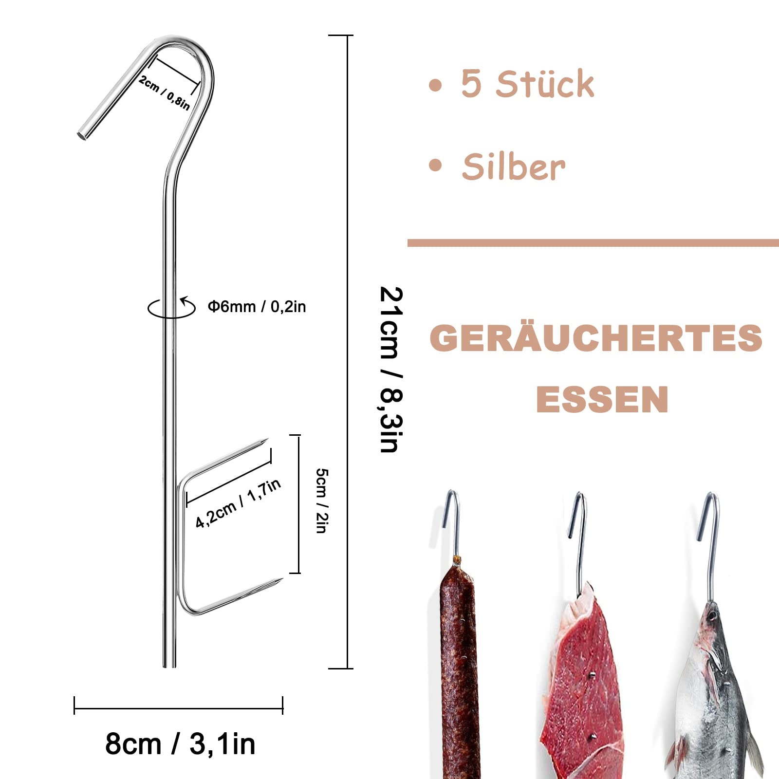 ACONDE Haczyki do wędzenia, 5 sztuk, ze stali nierdzewnej, do zawieszenia wędzonej ryby, mięsa, kiełbasy itp., 21 cm